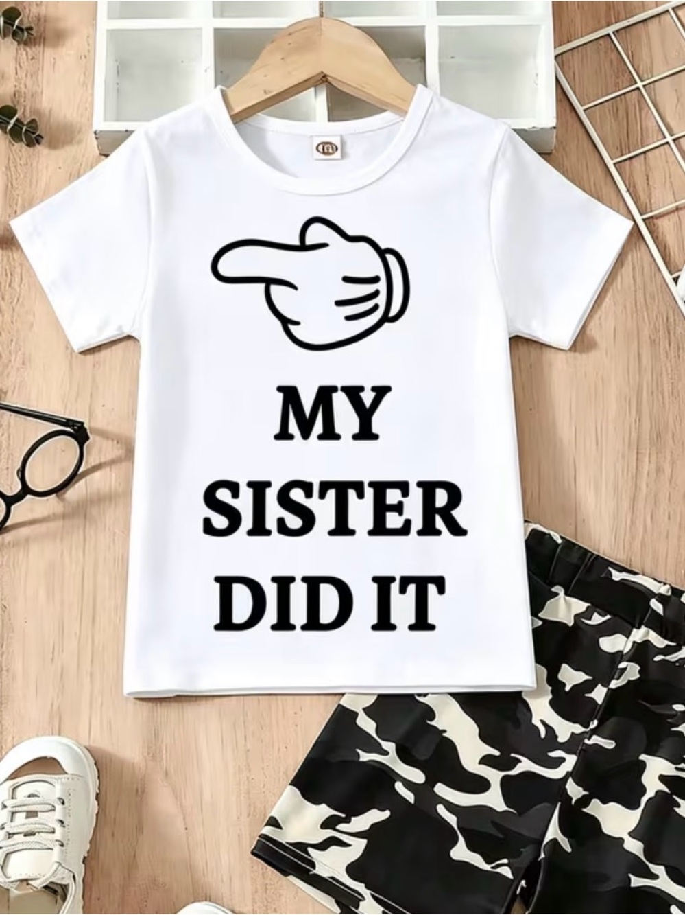 White Kids T‑Shirt with Black "My Sister Did It" Graphic
